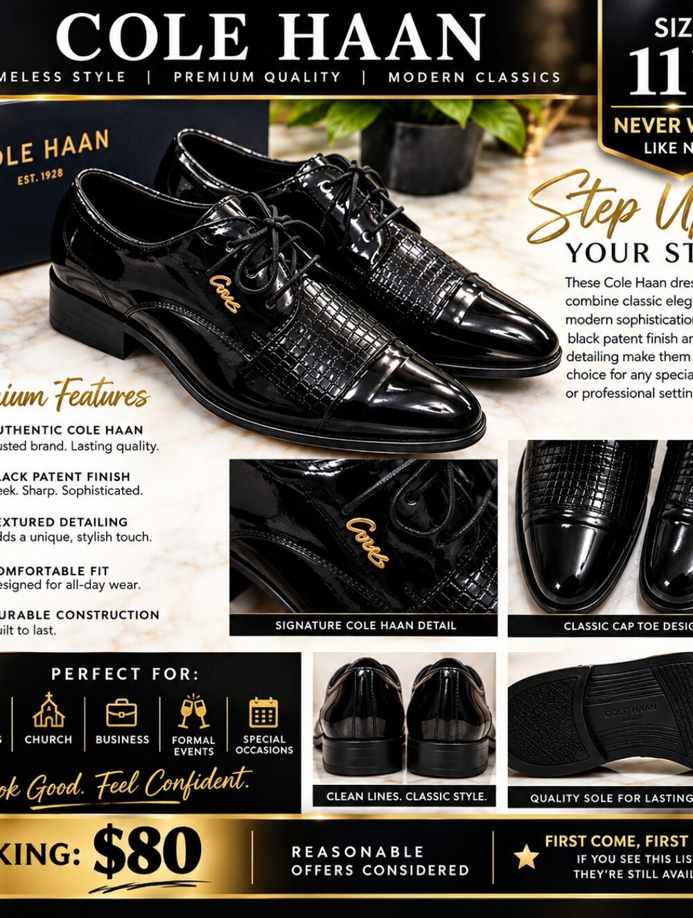 Cole Haan Black Patent Leather Cap-Toe Oxfords with Textured Vamp
